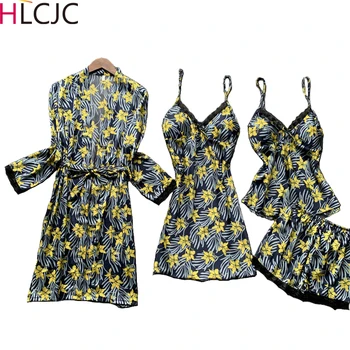 

Spring Summer Cute 4 Pcs Set Women Pyjama Silk Satin High Quality Lace Sexy Sleepwear with Chest Pad Pajamas Printing Homewear