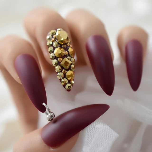 24pcs Medium Length Matte Burgundy & Sparkling Gold Powder Press On Nails,  Ballet False Nails | SHEIN