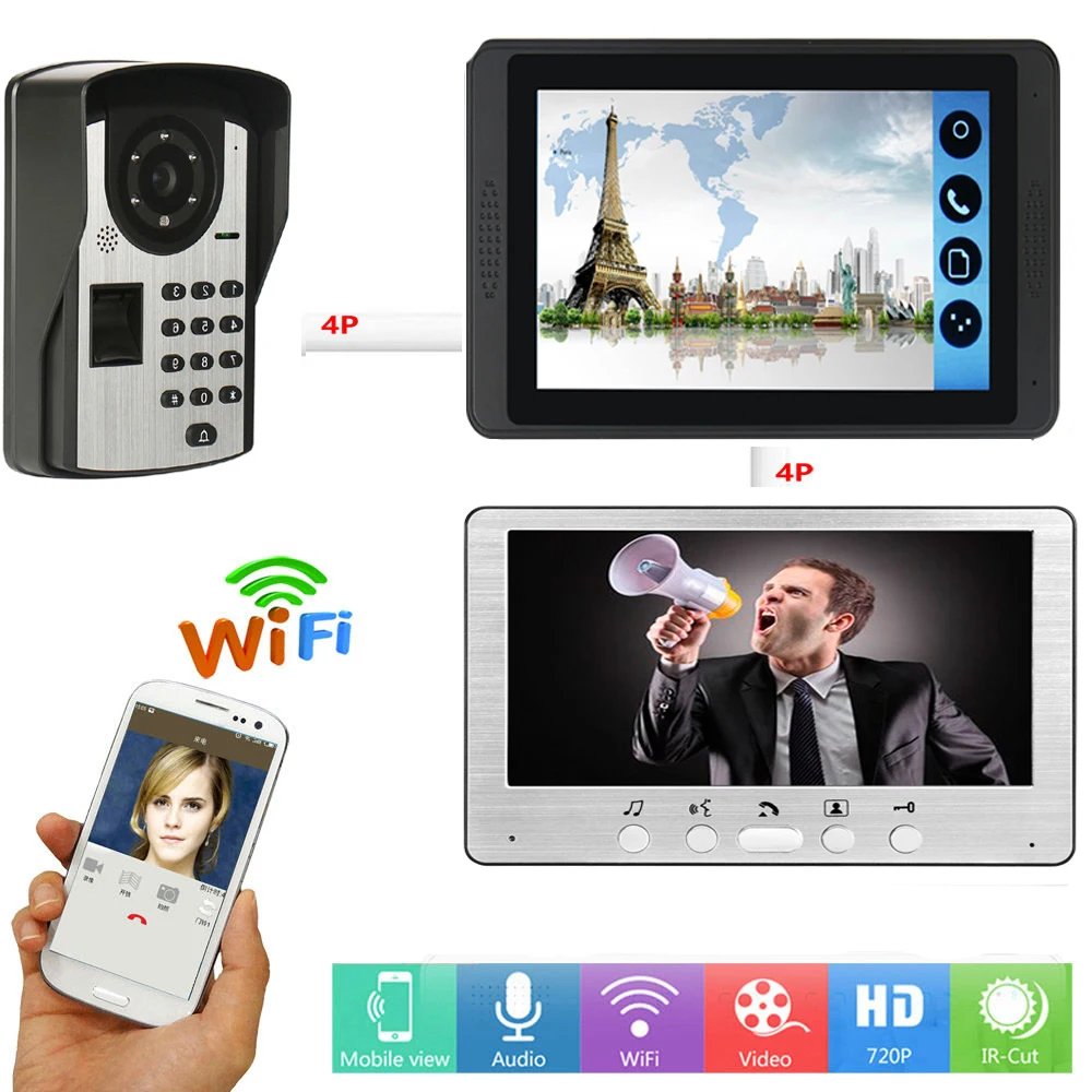 618815MJIDS12 Пароль отпечатка пальца разблокировка видеодомофон 7 дюймов ЖК Wifi беспроводной видео дверной звонок видео домофон система+ дверной замок - Цвет: 618815MJIDS12