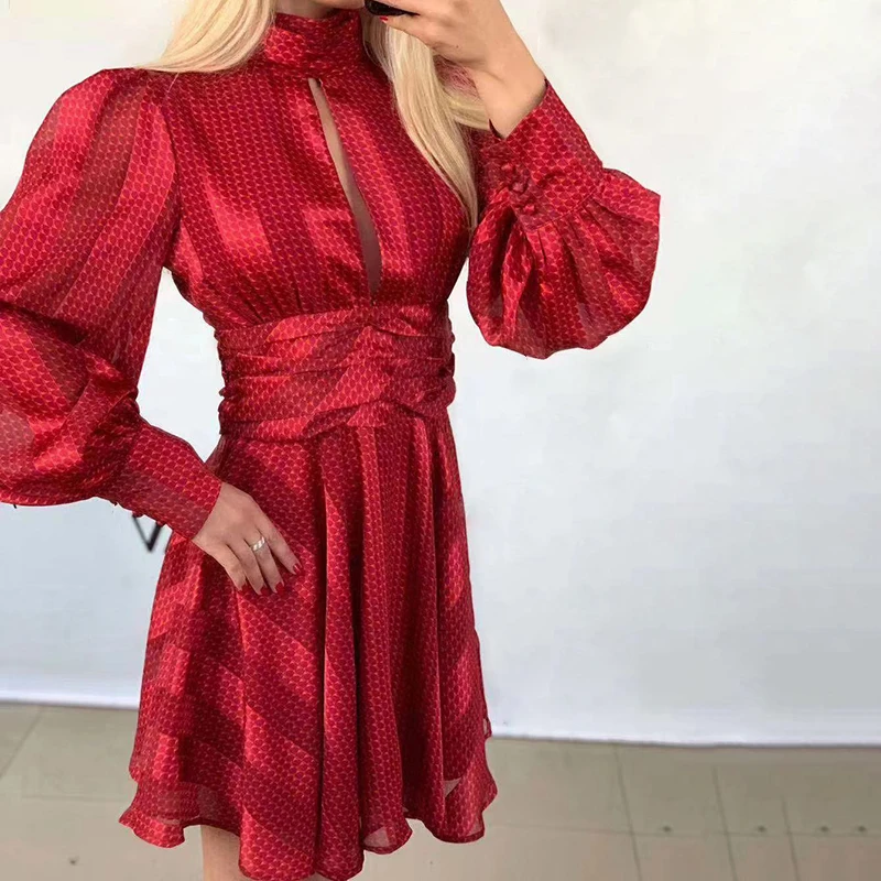 TWOTWINSTYLE сексуальные полосатые платья для женщин водолазка фонарь с длинным рукавом высокая Талия Ruched Открытое платье Женская мода Новинка