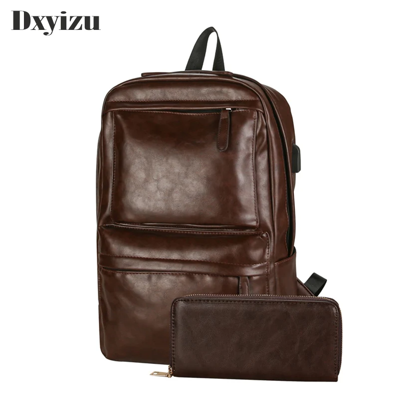 

Business Casual Backpacks Travel 2 Bags Black Pu Leather Men's Shoulder Bags Teenage Backpack Men Usb Charging Anti Theft