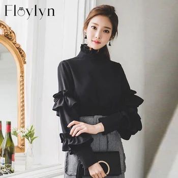 

Spring Turtleneck Solid Ruffles Blouses Elegant Long Sleeve Beading Backless Blouses Shirt Fashion Women Tops blusa femme 2020