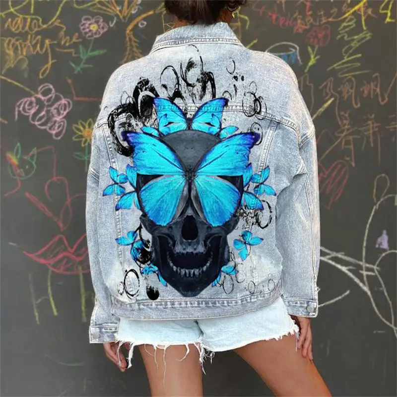

Women's Retro Skull Bones Butterfly Printed Denim Jacket, Casual Washing Coat, Foreign Trade, New