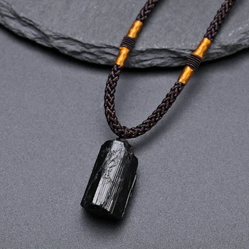Fashion Crystal Gem Healing Stone Black Tourmaline Stone Pendant Necklace Crystal Gem Specimen