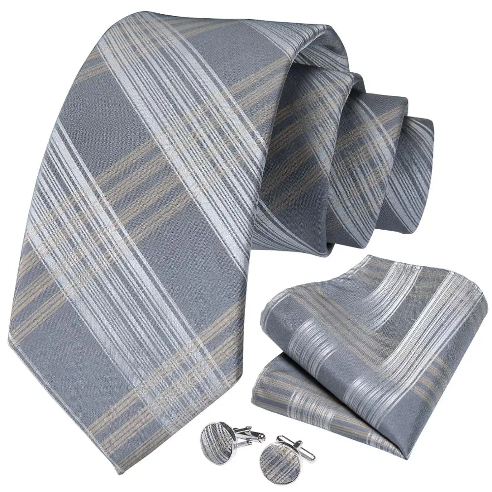 Fashion Men Tie Gold Silver Striped Wedding For Business Dropshipping DiBanGu Designer Hanky Cufflinks Set SJT-7254 | Аксессуары для