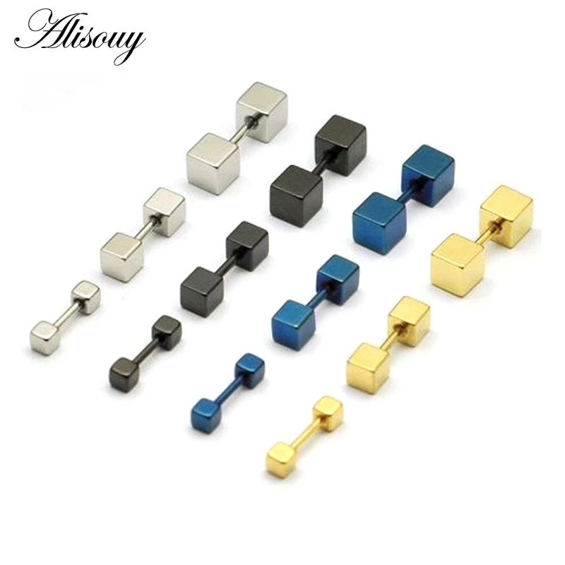 3 4 5mm width Cube Square titanium steel Punk Men Screw Back (pierced) stud earrings colors | Украшения и аксессуары