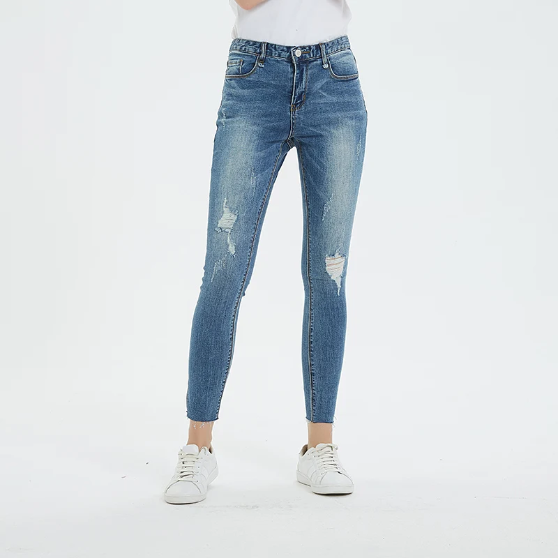 Рваные джинсы для женщин средней Талией Длиной до щиколотки уличная хлопковая боковая вырезка узкие брюки