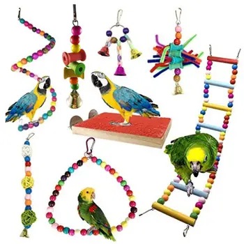 

8Pcs Bird Swing Hanging Parrot Stand Board Toys with Bells Chewing String Color New Toys