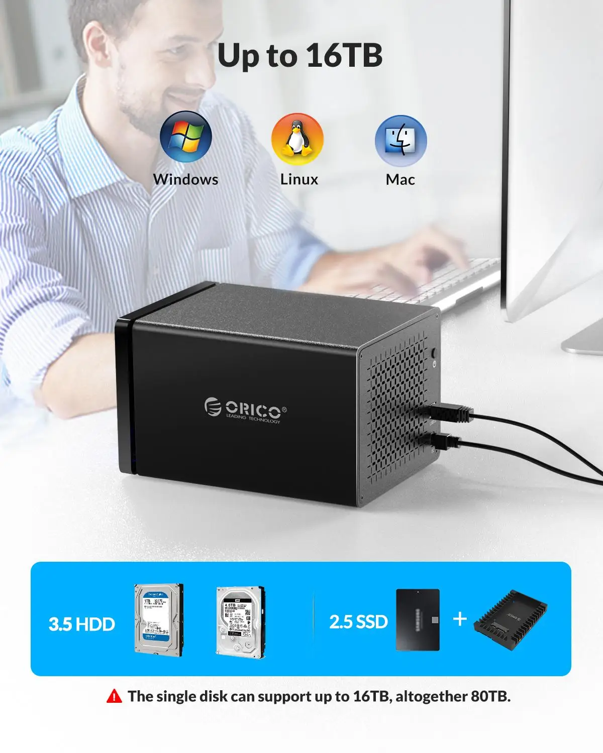 NAS Enclosure ORICO HDD Case Storage 2 Bay Hard Drive Docking Station SATA to USB3.0 16TB Tool Free Support Raid