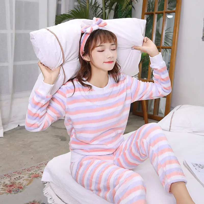 

Two piece set Thick Women Pajamas Set Autumn Cute Warm Flannel Sleepwear Casual Homewear Female Pyjamas