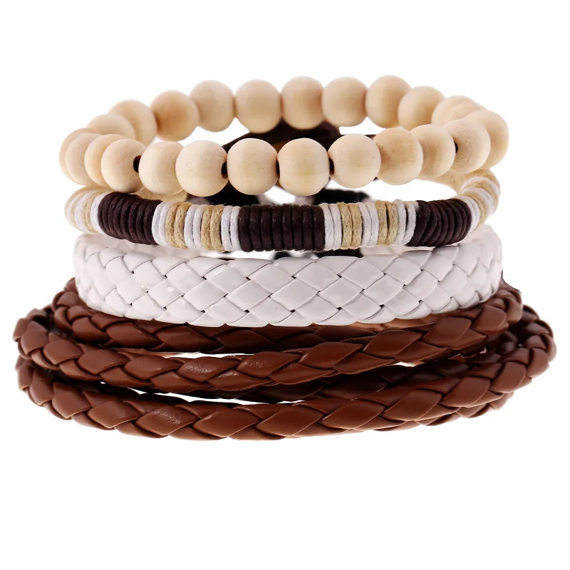Europe and the United States wind simple retro woven imitation leather bracelet multi-layer PU wooden bead men |