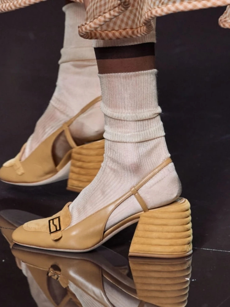 

Metal Buckle Shoes Slingback Block Heel 6 cm Cut Out Square Toe Genuine Leather New Arrivals Pumps Office Ladies Shoes Dress