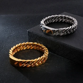 

15mm Personality Simple Curb Cuban Bracelet Men Titanium Steel High Polished Shiny Metal Hook Bracelets HipHop Jewelry