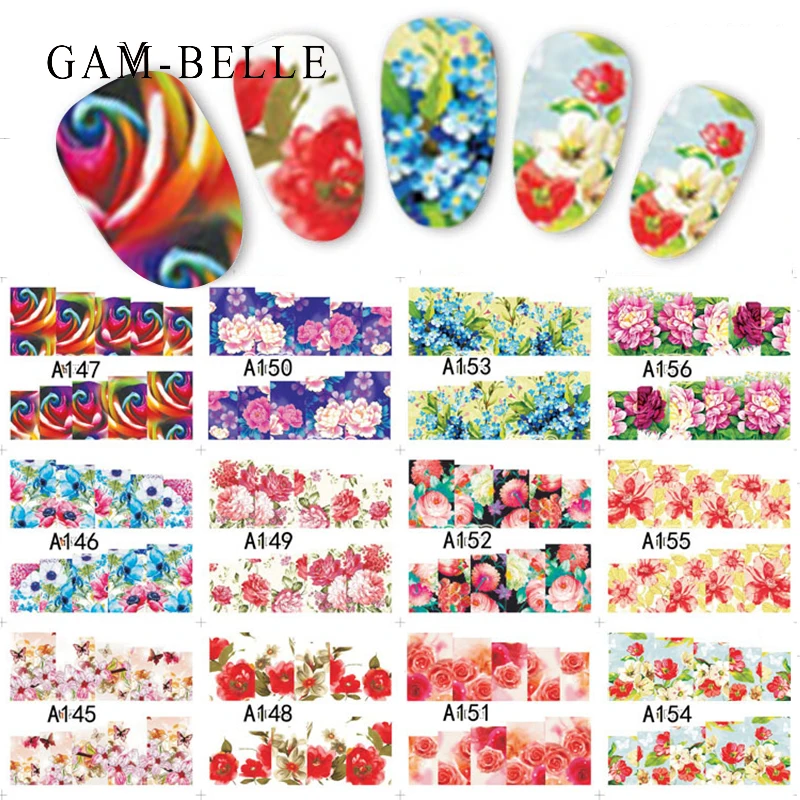 

GAM-BELLE 12pcs Mix Flower Nail Art Water Transfer Stickers Decals Rose Peony DIY Slider for Manicure Nail Art Decoration