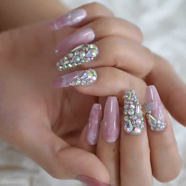 Luxury Strass Fake Nails AB Rhinestone Decorative Extra Long Ballerina White Full Cover Artificial Tips Natural 24