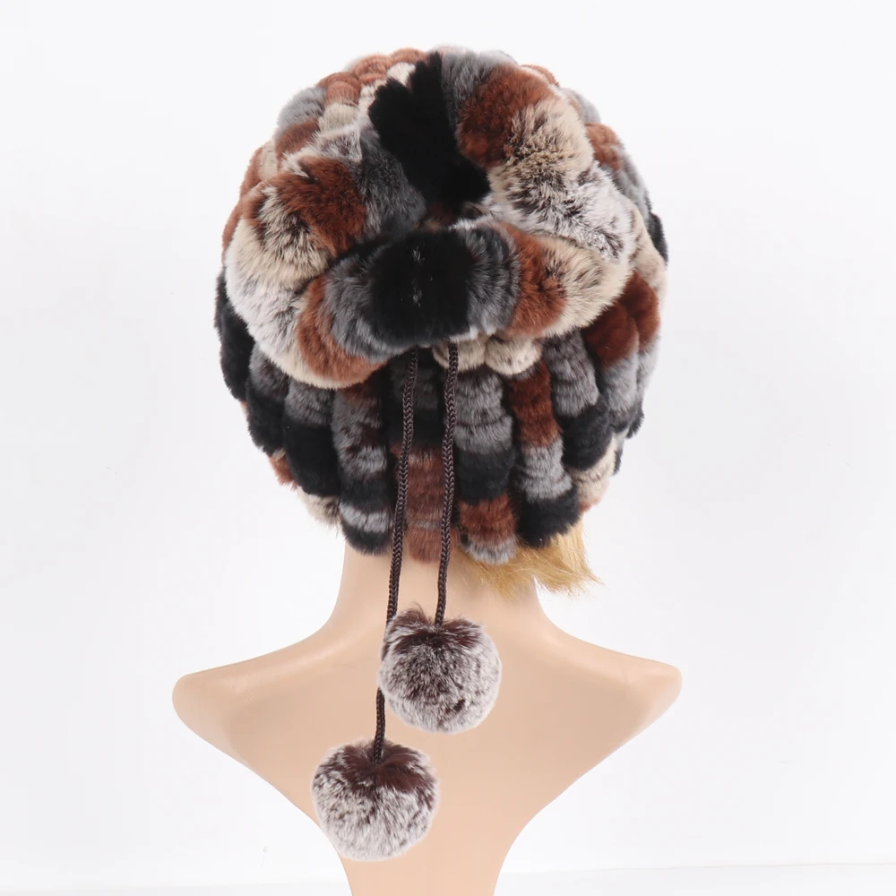 2025 New Lady Real Rex Rabbit Fur Hat Natural Warm Rex Rabbit Fur Hat Scarf Women Hand Knitted Soft Real Rabbit Fur Caps Scarves 3