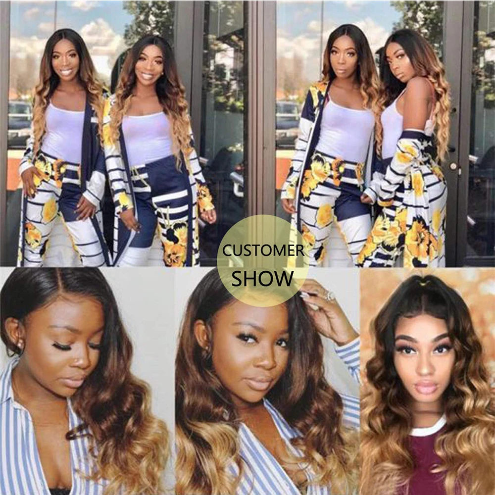 Colored Brazilian Body Wave Hair Weave 3/4 Bundles With Closure Blonde 1B/4/27 Remy Ombre Human Bundles With T Lace Closure