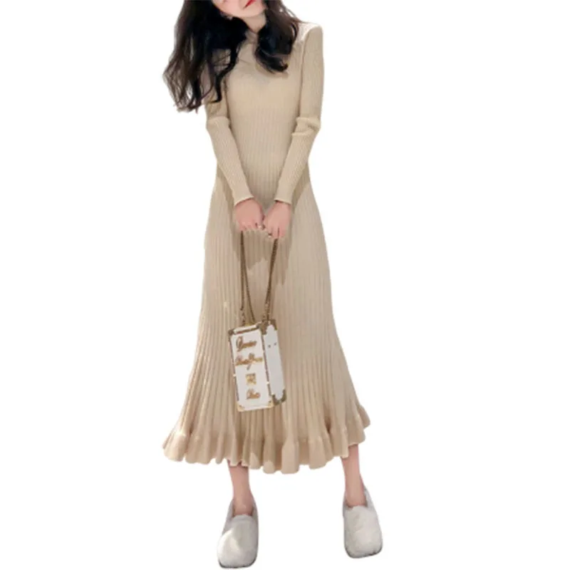 Женское трикотажное платье свитер с длинным рукавом и высоким воротником|Платья|