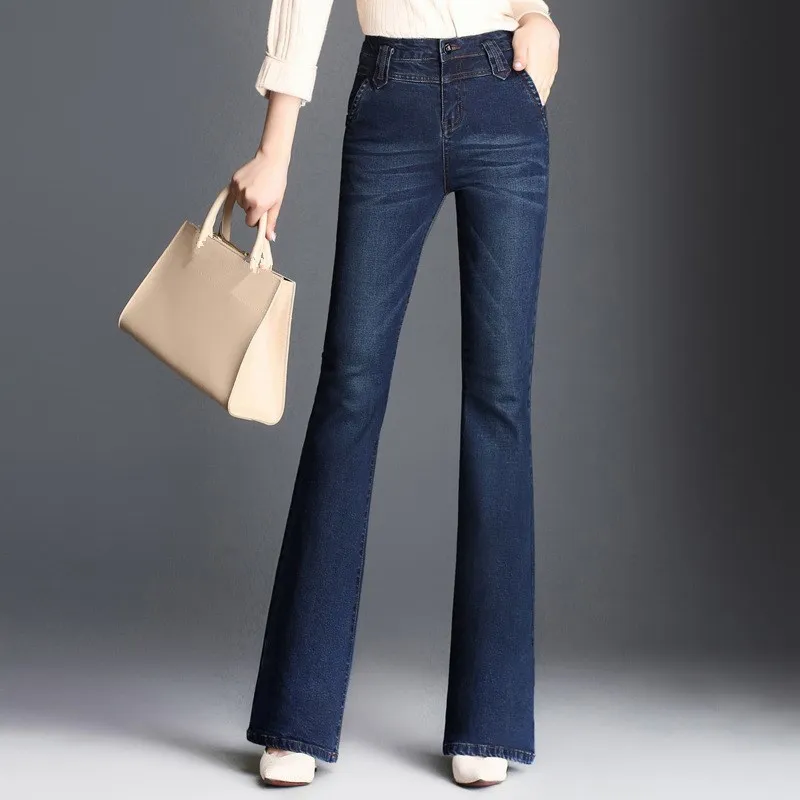 New Women Wide Leg Jeans Blue Zipper Washed Retro Denim Trousers Skinny Autumn Winter Big Size Flare Jeans
