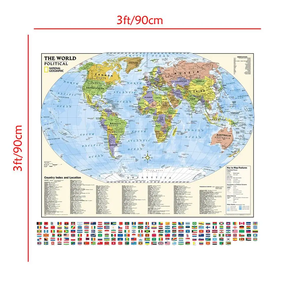 90x90 см Нетканая карта-спрей с индексом страны и местоположением складная карта мира с флагом