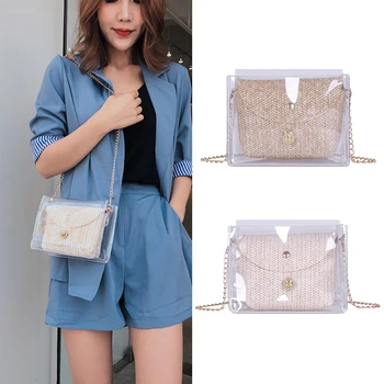 

Transparent Women Straw+PVC Clear Bags Shoulder Crossbody Chain Bag Handbag