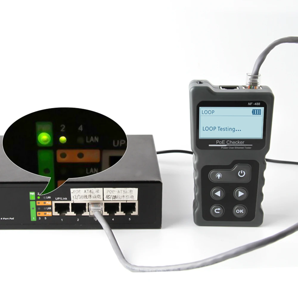 NF-488 PoE провода трекер ЖК-дисплей сетевой кабель тестер с портом PoE проверки Встроенный PoE напряжение и ток тестер с Кабельный тестер