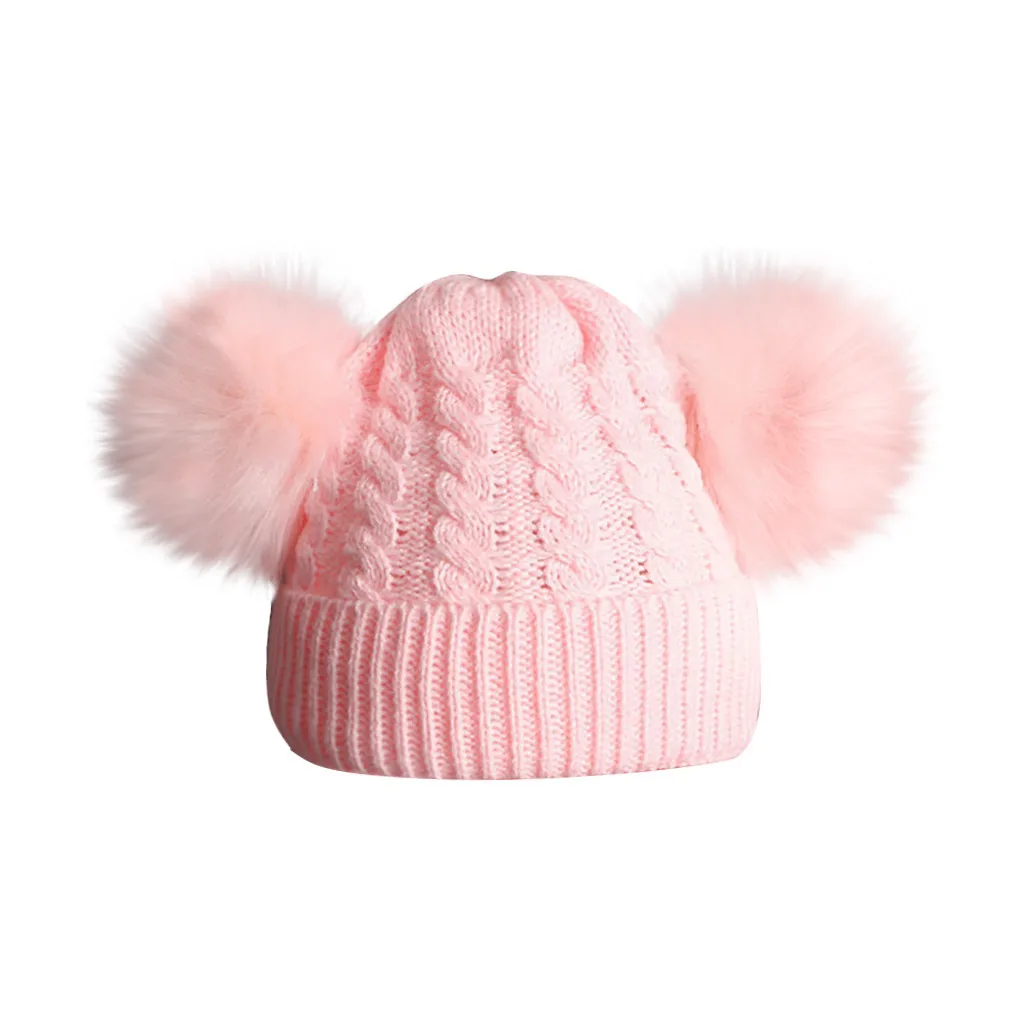 Детская зимняя теплая Детская шерсть для вязания, Хемминг, теплая шапка, зимняя шапка с меховым помпоном, аксессуары для малышей, шапочка - Цвет: Pink