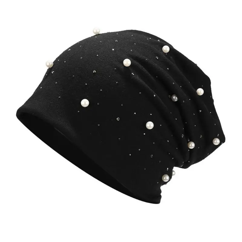 Женские зимние шапки с жемчугом, вязаные шапки, мягкая шапка Skullies Beanies, шляпа с жемчугом