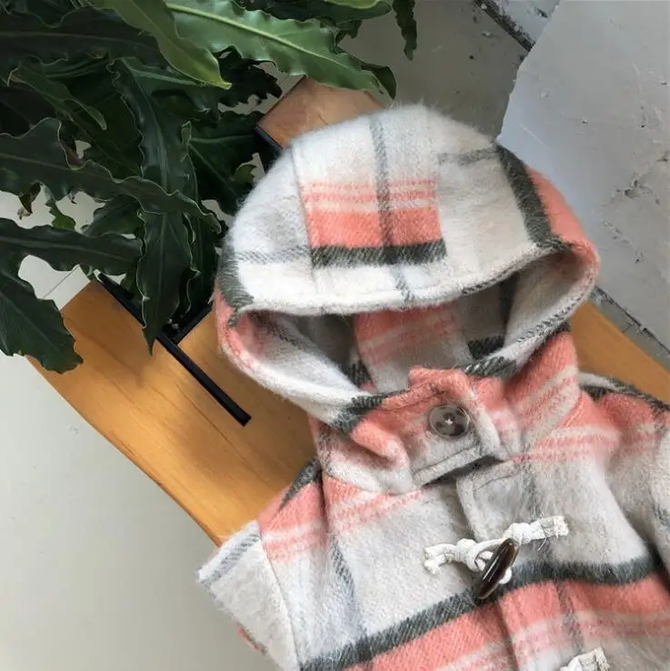 Новинка года,, плотное клетчатое пальто для девочек и мальчиков Зимняя шерстяная теплая детская куртка с длинными рукавами с капюшоном для детей от 1 до 6 лет, HX692