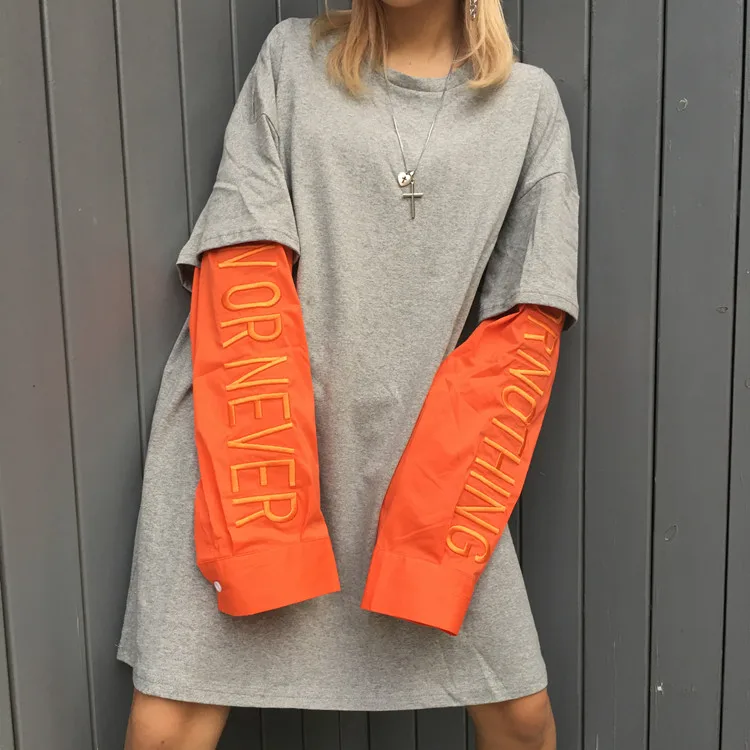 Лоскутная Вышивка буквы сплошной контрастный с длинным рукавом Harajuku корейский свитер толстовки оранжевый свободный уличная Топ пуловер