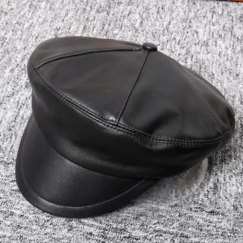 

100% Genuine Leather Men's and women's leisure fashion leather hat sheep skin British fashion runways street cool hats