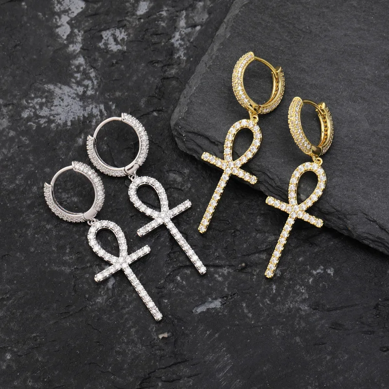 

Ankh Cross Earrings Iced Out Bling Full of Zircon Hip Hop Earrings for Men Women Hip Hop Jewelry Street Fashion Ins Style
