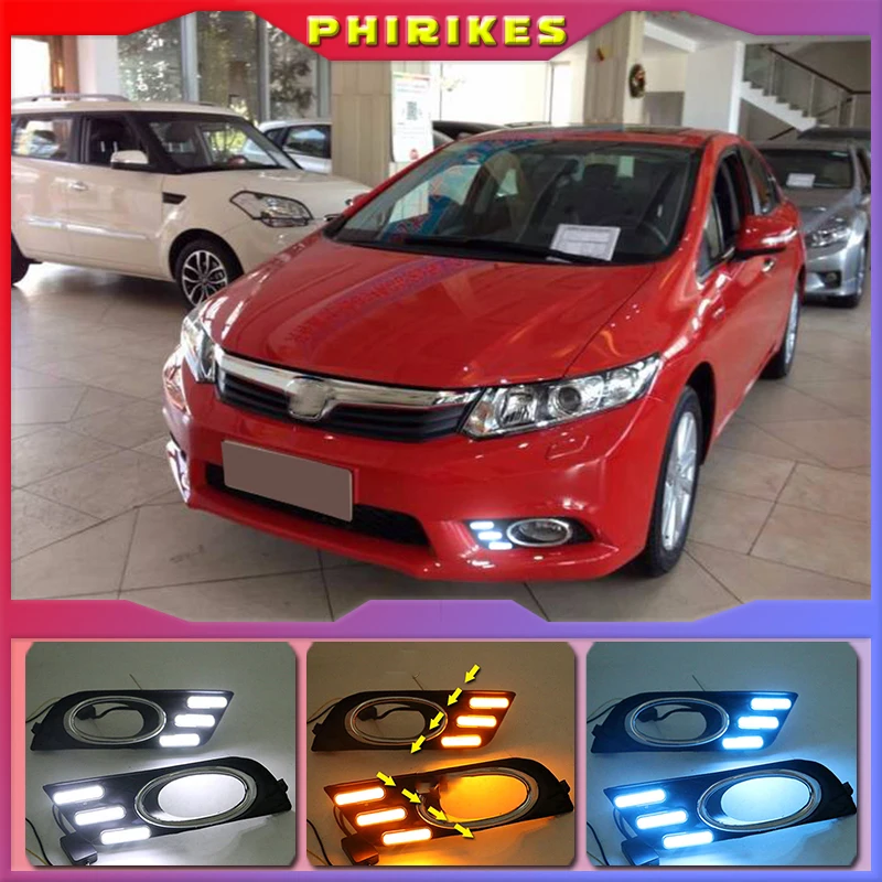 

2Pcs LED DRL Car Daylight Daytime Running Lights with Turn Signal Fog Lamp Covers For Honda Civic 2011 2012 2013