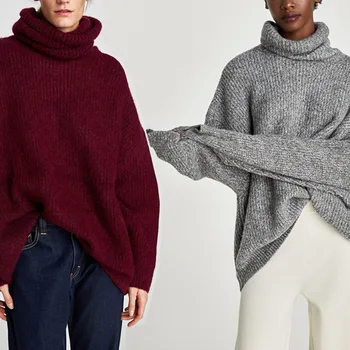 

Winter Women Solid Color Loose Turtleneck Long Sleeve Warm Knitted Sweater Dress high neck loose knit dress long sweater autumn