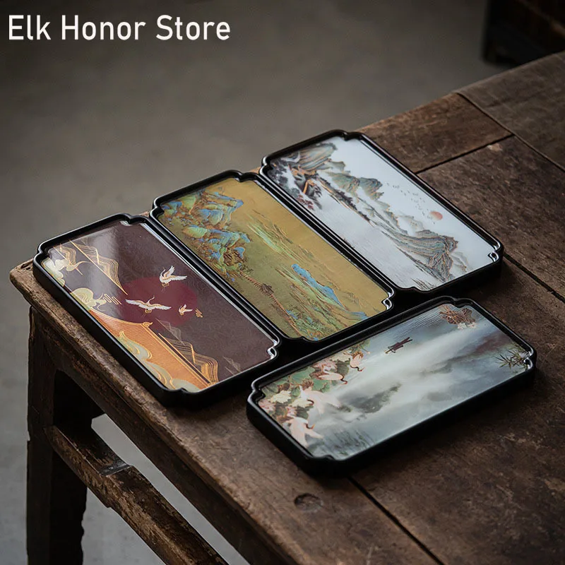 

Маленький поднос для чая с пейзажной живописью, 30x15 см, домашний тяжелый бамбуковый поднос, чайный столик, семейный набор, сухая тарелка для пивоварения, чайная церемония