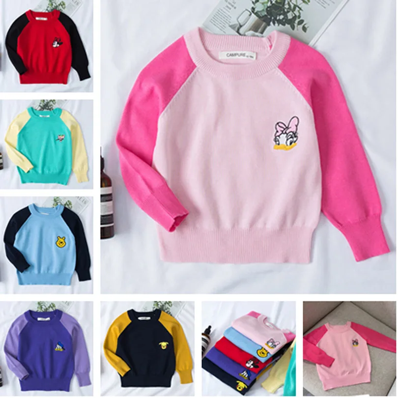 Хлопковый свитер для маленьких мальчиков осенне-зимние вязаные свитера с вышивкой Минни для девочек милые топы От 1 до 7 лет