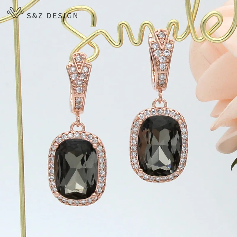 S&Z DESIGN New Square Crystal Dangle Earrings 585 Rose Gold Color For Women Wedding Jewelry Cubic Zirconia Eardrop
