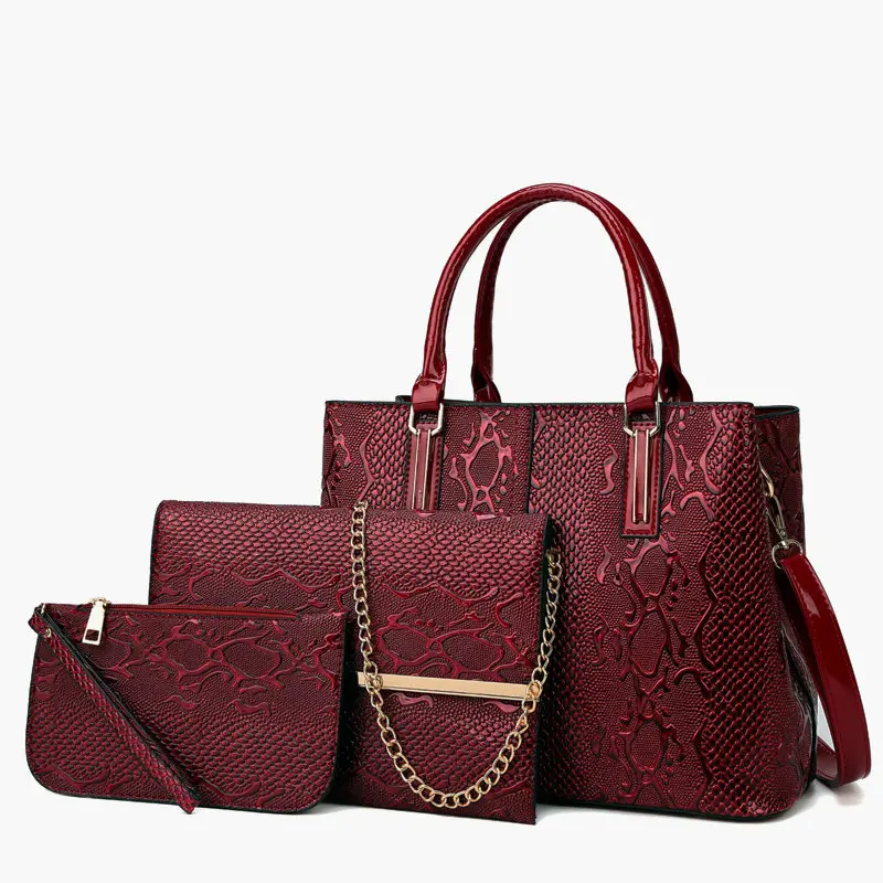 

2018 New Style Europe And America Snakeskin Embossed Fashion Different Size Bags Three-piece Set Large Capacity Shoulder Handbag