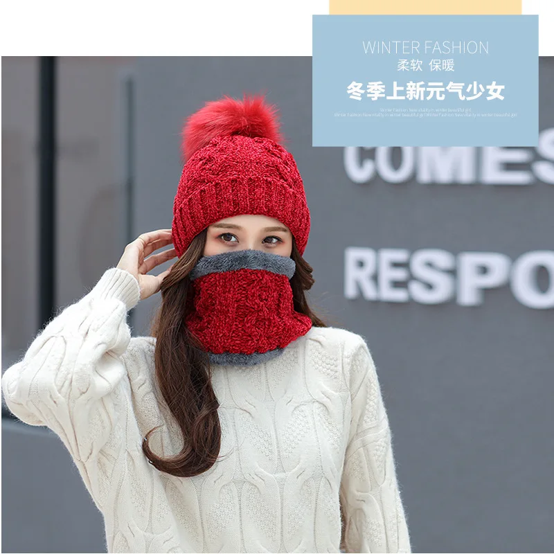 Womens Hats With Scarf Warm Fleece Inside Beanie Girls Winter Cap For Women Real Mink Fur Pompom Hat Female Knitted Caps - Color: red