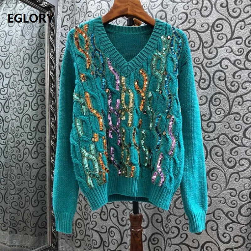 

2020 Autumn Winter Fashion Sweaters Women V-Neck Wool Knitting Sequined Deco Long Sleeve Casual Green Jumpers Ladies Pullovers