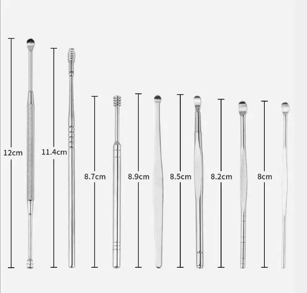 10sets 8pcs/set Ear Wax Pickers Stainless Steel Earpick Wax Remover Curette Ear Pick Cleaner Ear Cleaner Spoon Care Ear Clean