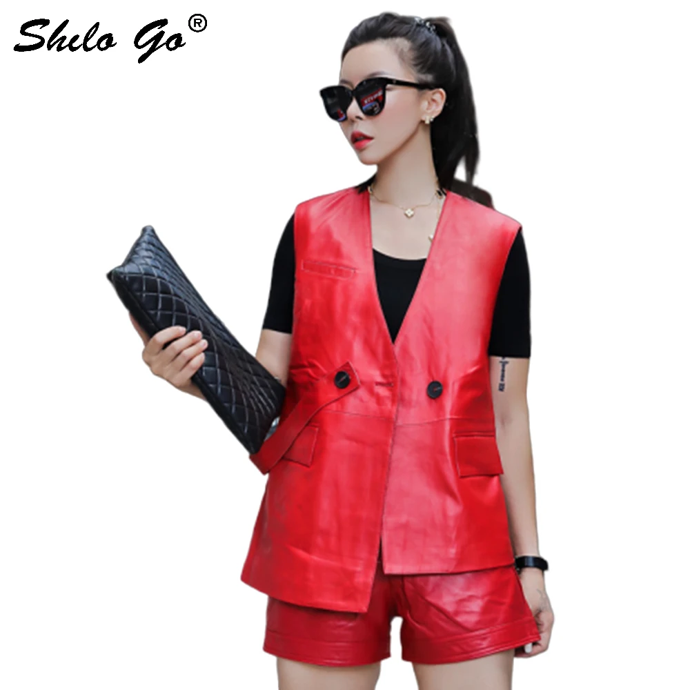 

Genuine Leather Vest Red Minimalist Office Lady Double Button Front Sleeveless Vest Women Autumn Casual Solid Asymmetry Outwear
