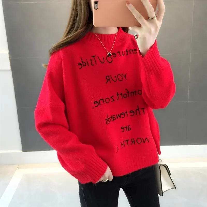 Корейские осенне-зимние новинки, вязаные свитера с надписью «ленивый стиль», свободные пуловеры с высоким воротником, милые мягкие Mujer Invierno 45569 - Цвет: red