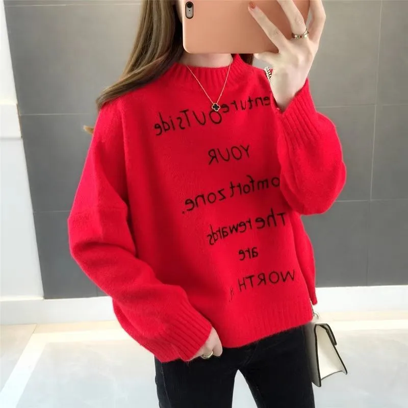 red Корейские осенне-зимние новинки, вязаные свитера с надписью «ленивый стиль», свободные пуловеры с высоким воротником, милые мягкие Mujer Invierno 45569 - Цвет: red