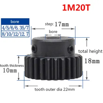 

1/2/5/10/20PCS 1M 20T Spur Gear Pinion Bore 5mm Step 17mm Surface Black Spur Gear With Step Modulus 1 Tooth20 Outer Diameter22mm