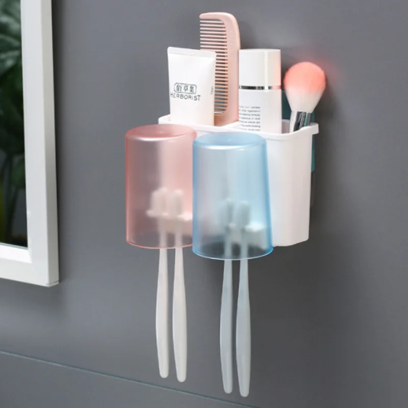 Double Cups Mouthwash Cup Set Household Toothbrush has cup holder stick on wall | Дом и сад