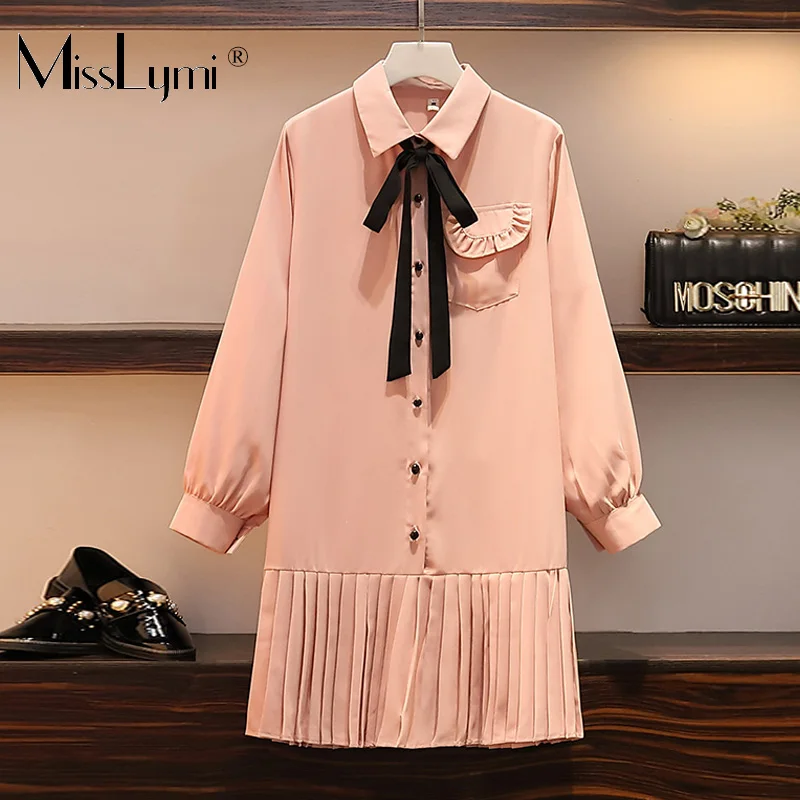 

XL-4XL Plus Size Women Chiffon Dress Autumn 2019 Cute Bow Turn-down Collar Long Sleeve Loose Casual Ladies Pleated Shirt Dresses