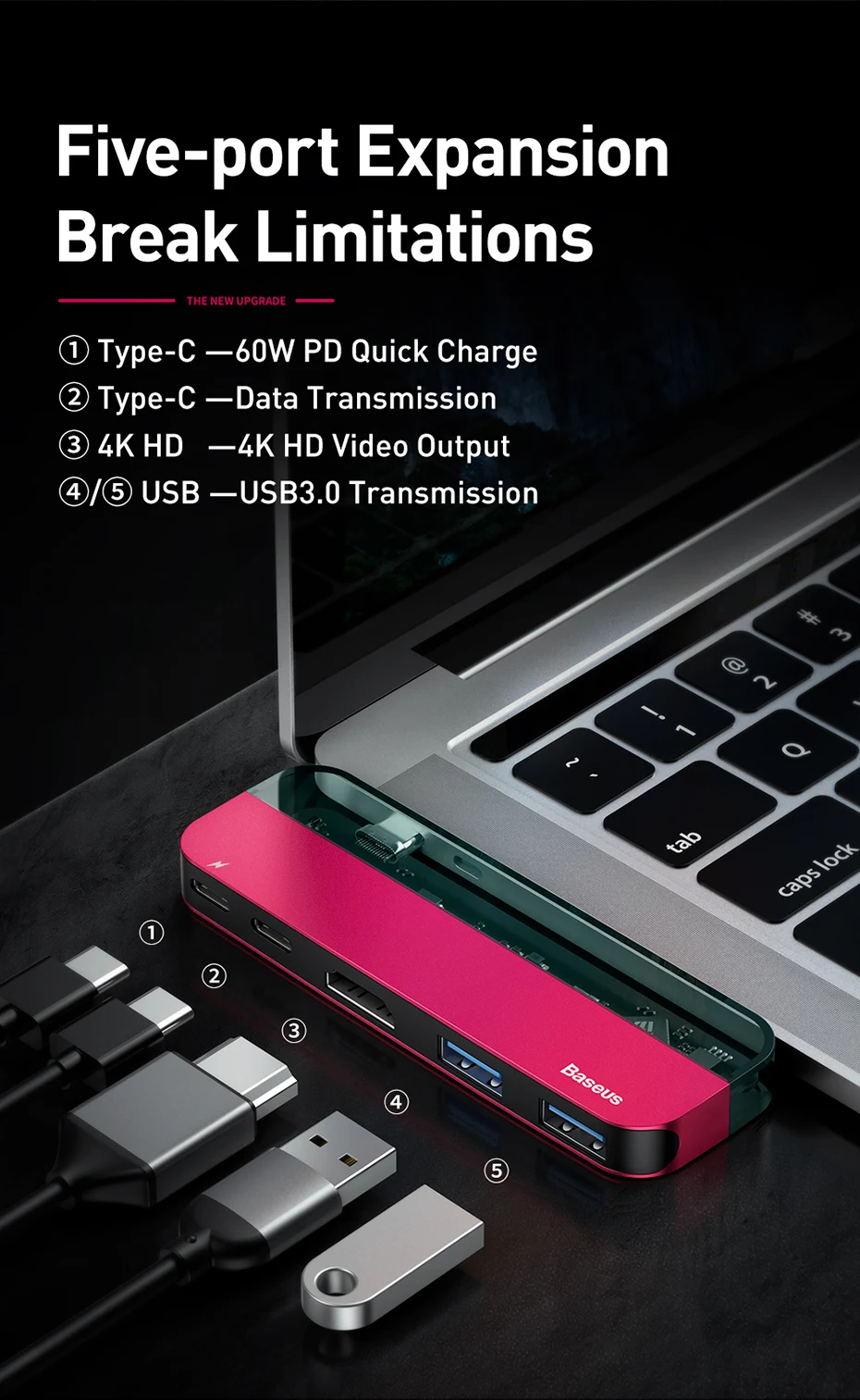 Baseus USB 3,0 type C концентратор адаптер PD Быстрая зарядка концентратор конвертер 4K HDMI для huawei Mate20 samsung S9 для Mac ноутбук Matebook