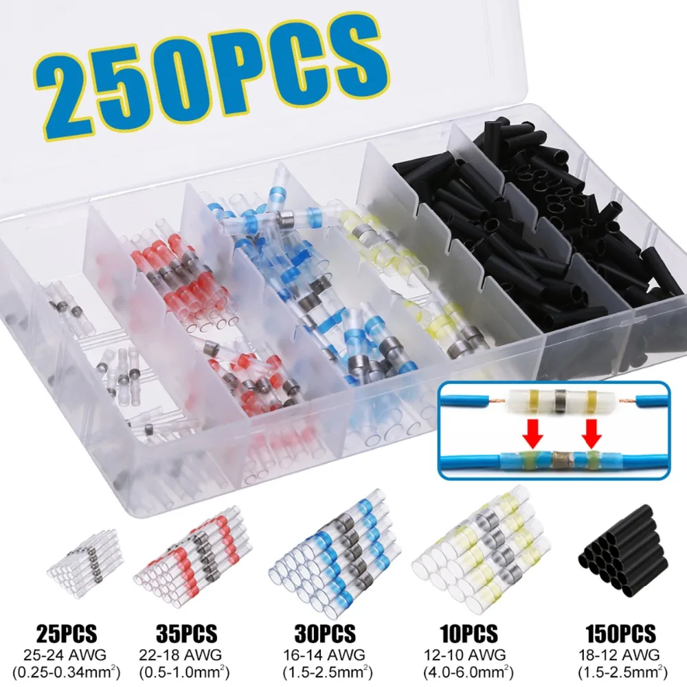 

250Pcs/set Mixed Color Heat Shrink Wire Connectors Solder Sleeves Waterproof Fast Butt Terminals Kits Mayitr