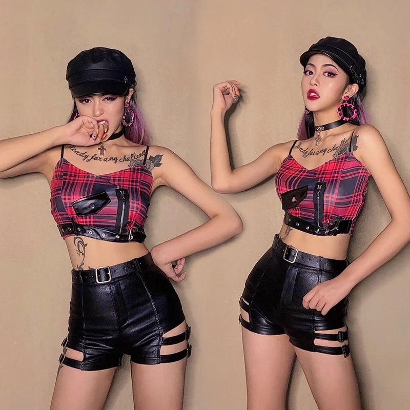  Jazz Costumes DS Costumes Female Dj Nightclub Jazz Pold Dance Clothing Red Plaid Camisole Black Sho
